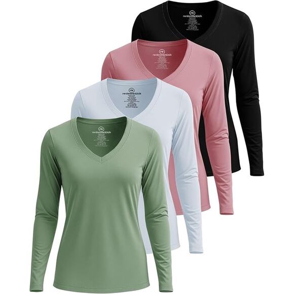 Real Essentials 4 Pack: Women's Long Sleeve Dry Fit V-Neck Athletic T-Shirt Work - Picture 1 of 6